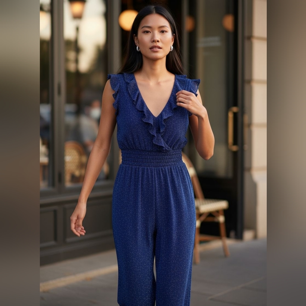 🎉 3/$60 BNWT Max Studio Blue Rouched Waist Romper Size Small